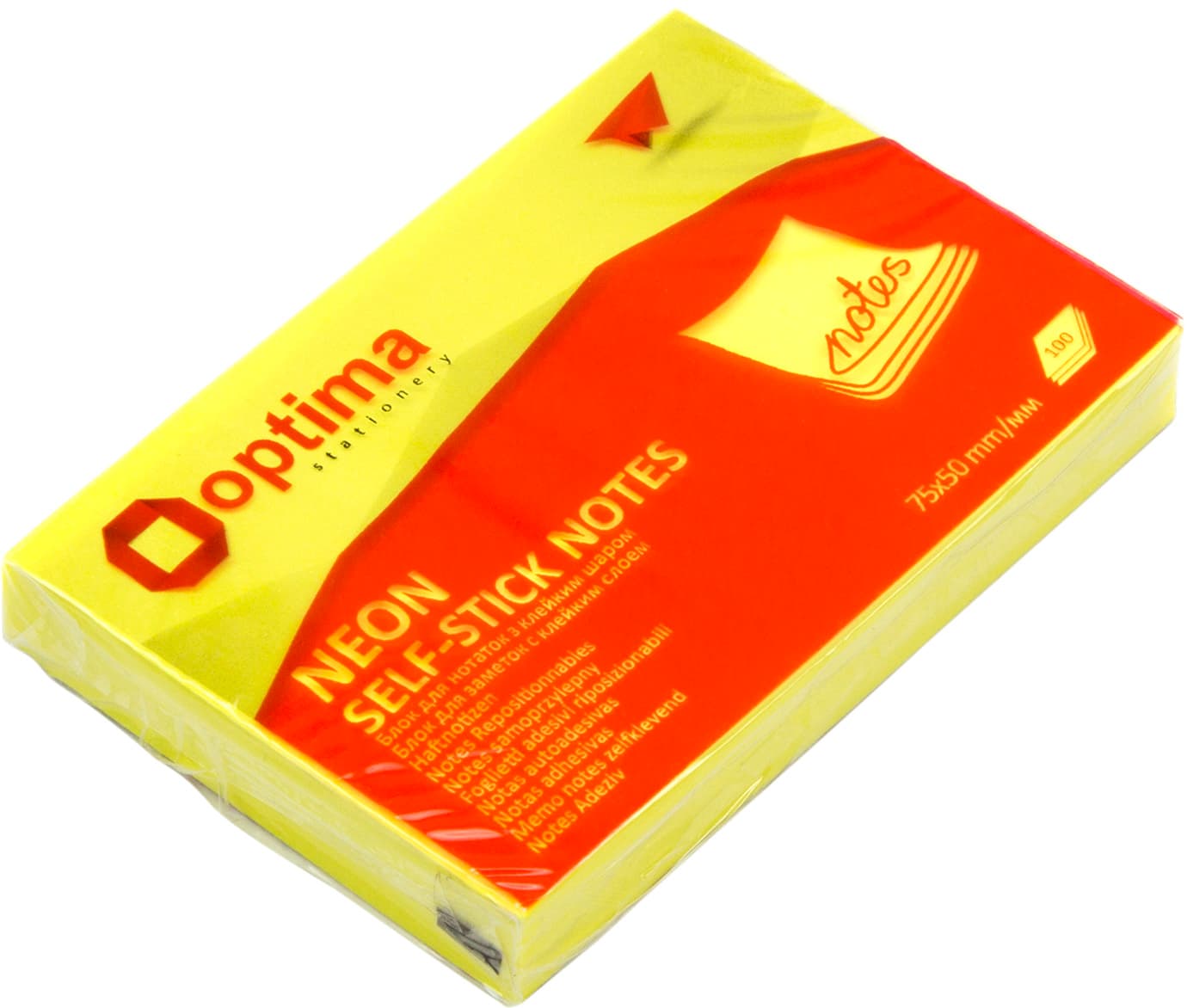 Блок для заміток з липким шаром 75х50 мм 100 аркушів неоновий жовтий Optima (12) O25512-05