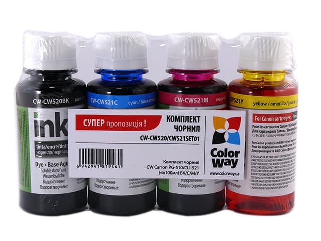  Чернила комплект ColorWay Canon PG-510/CLI-521 4х100мл black, cyan, magenta, yellow (20)