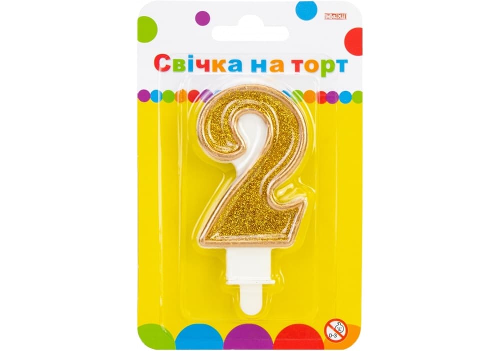 Свічка в торт Цифра-2 золотиста 7,62 см з блискітками (24) (288) MX622083-2