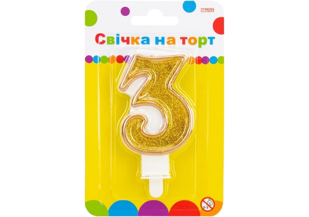Свічка в торт Цифра-3 золотиста 7,62 см з блискітками (24) (288) MX622083-3