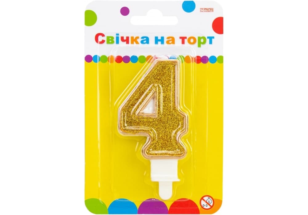 Свічка в торт Цифра-4 золотиста 7,62 см з блискітками (24) (288) MX622083-4