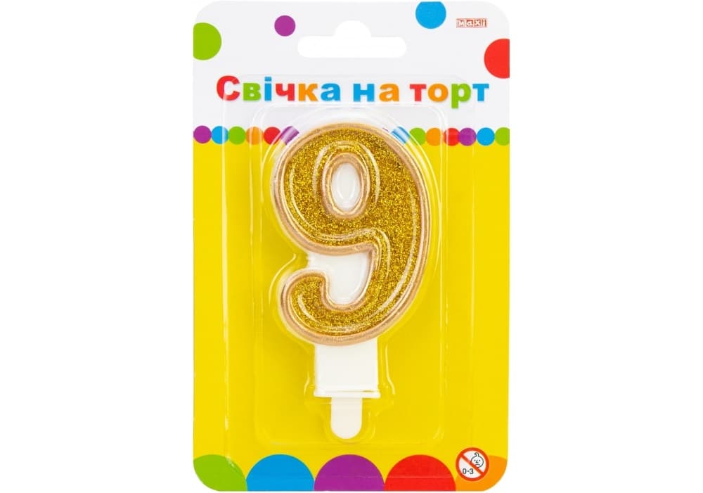 Свічка в торт Цифра-9 золотиста 7,62 см з блискітками (24) (288) MX622083-9