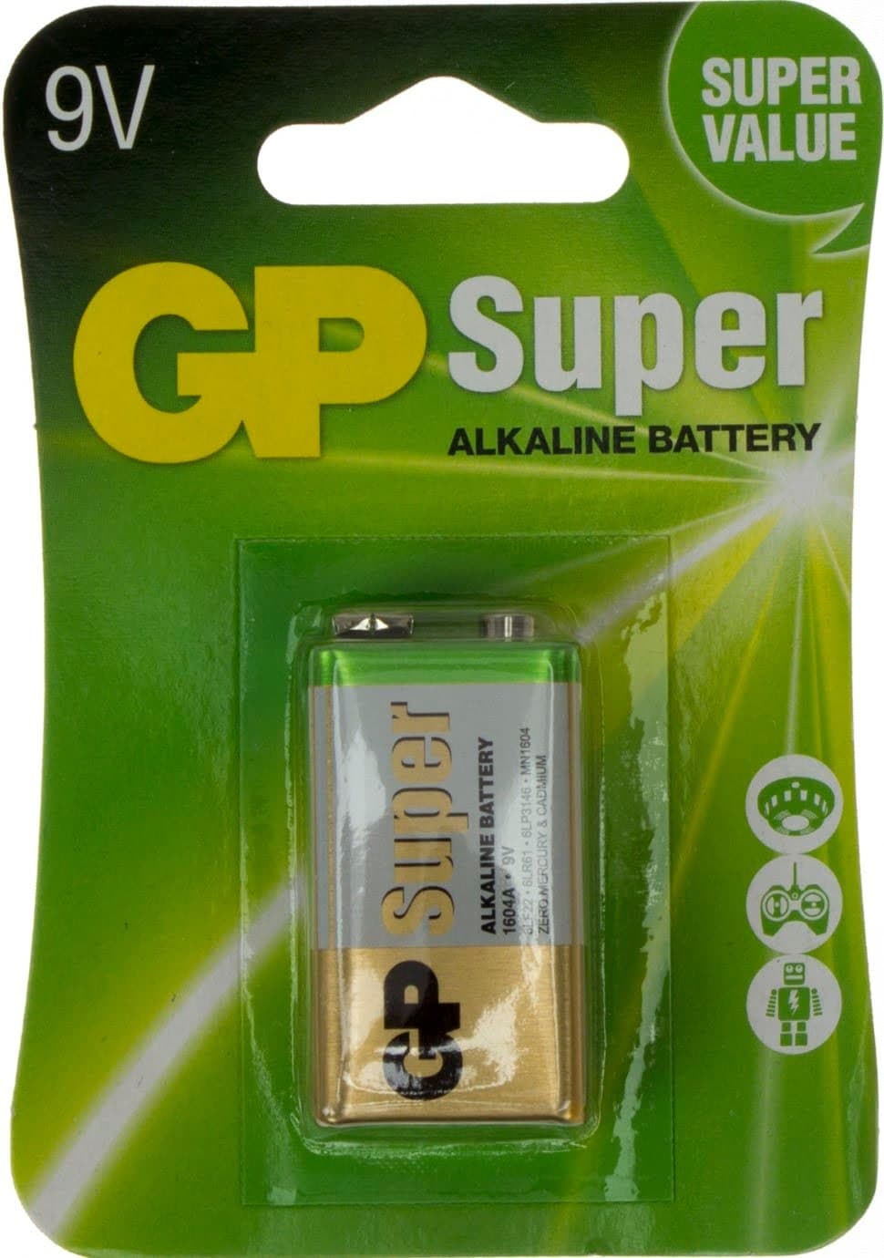Батарейка GP Super Алкалайн 6LR61/6LF22/1bl 1604A-5UE1 крона (10) (500)