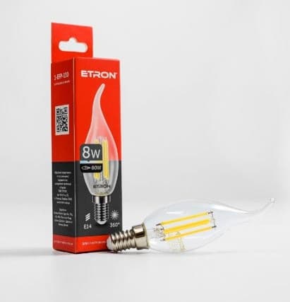 Лампа Etron Filament Power прозрачное стекло LED 1-EFP-130 C37 8Вт 4200K Е14 (10)