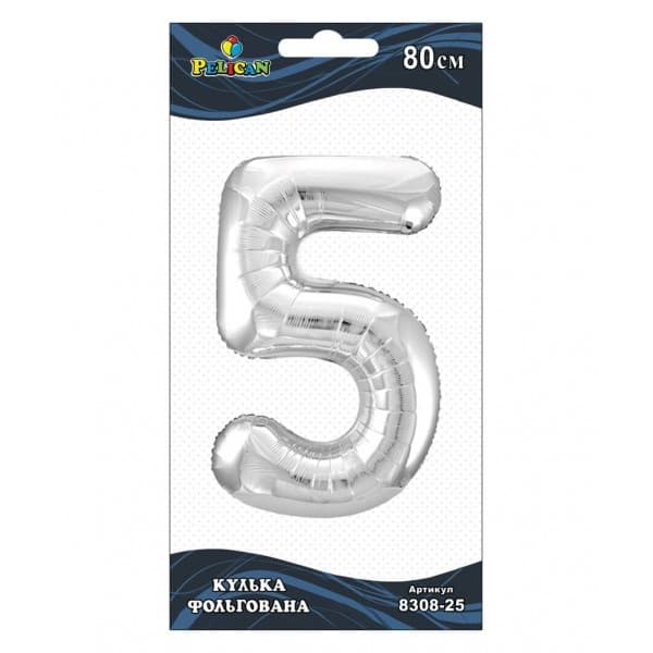 Шарик воздушный фольгированный  Цифра-5 80 см серебро (1) 830825 Pelican