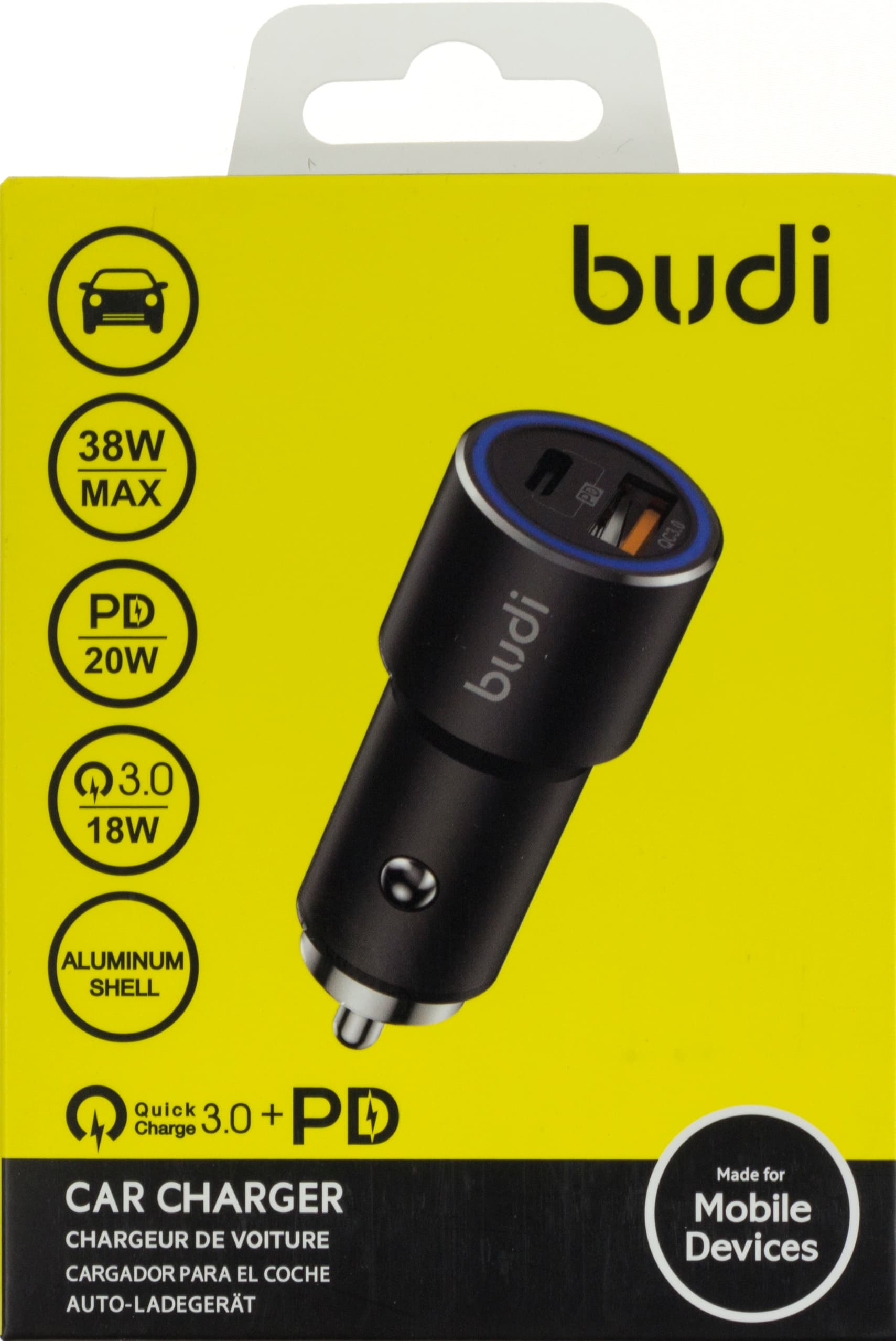 Зарядний пристрій авто Budi №CC628TQB швидка зарядка 1USB+Type-C 38W black/Breidon/
