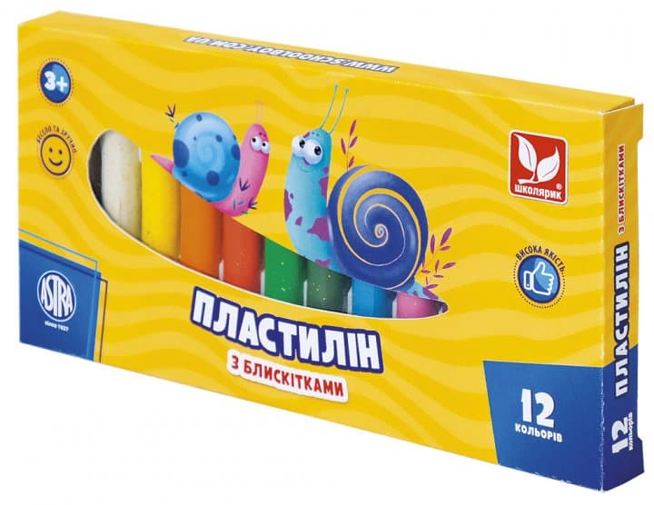 Пластилин восковой 12 цветов 156 гр Школярик с блестками (24) №303107001