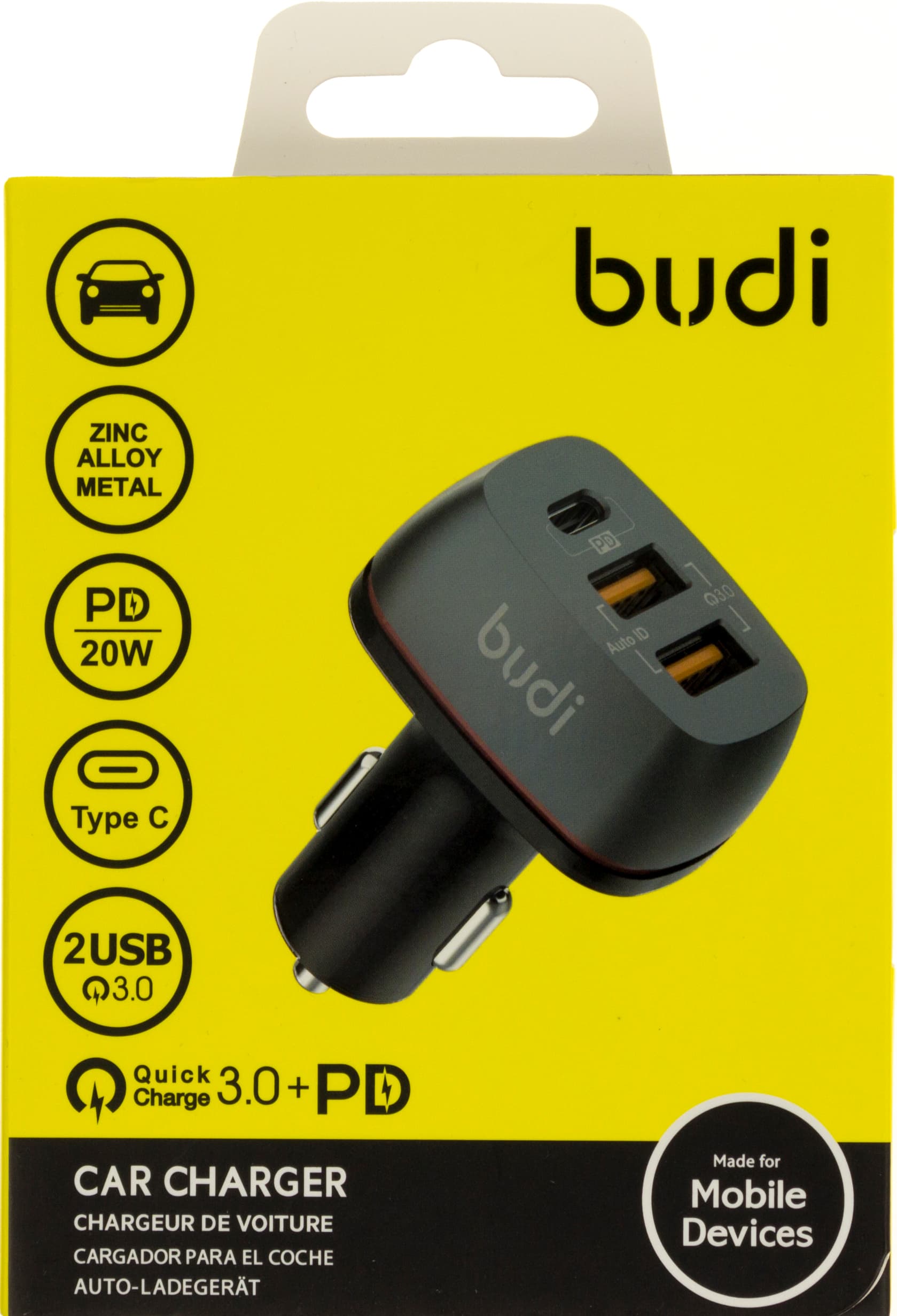 Зарядний пристрій автомобільний Budi швидка зарядка 3.0 2USB Type-C black Breidon №CC626TB