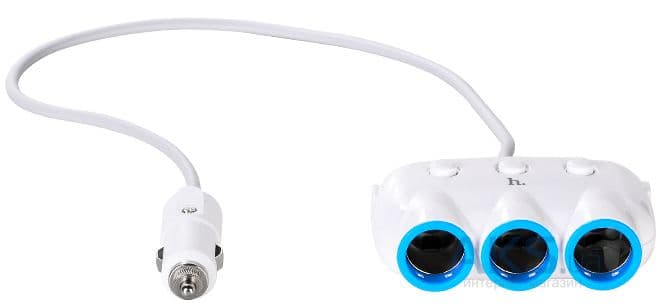 Зарядное устройство авто. Hoco №C1 быстрая зар. 2USB 0,55м 3.1A 15,5w 3 порта прикур. white