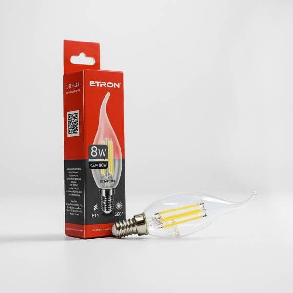 Лампа "Etron Filament Power" прозрачное стекло LED 1-EFP-129 C37 8Вт 3000K Е14(10)