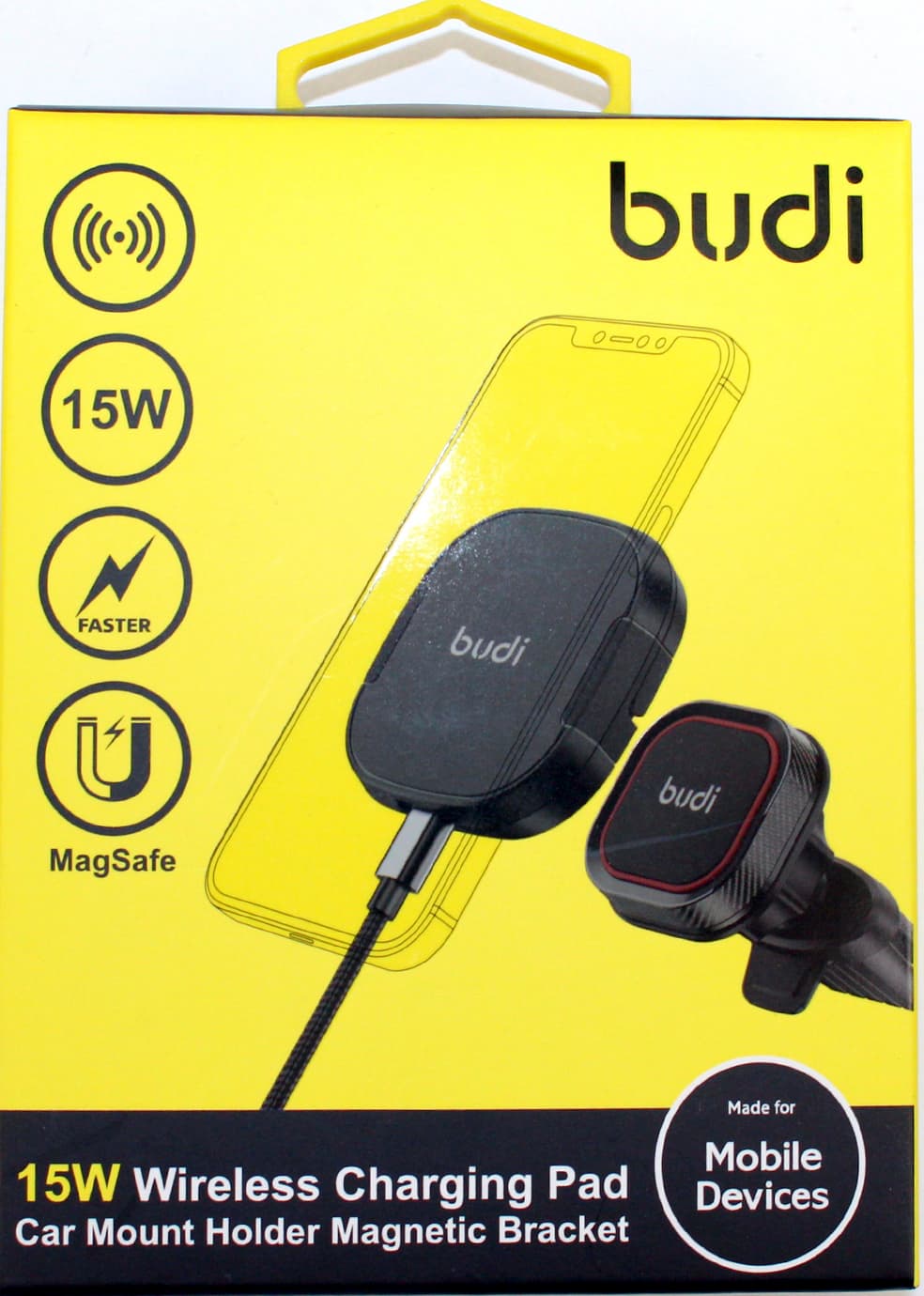 Зарядное устройство индукционное авто Budi №WL3800XB 15W быстрая зарядка,магн. держатель/Breidon/