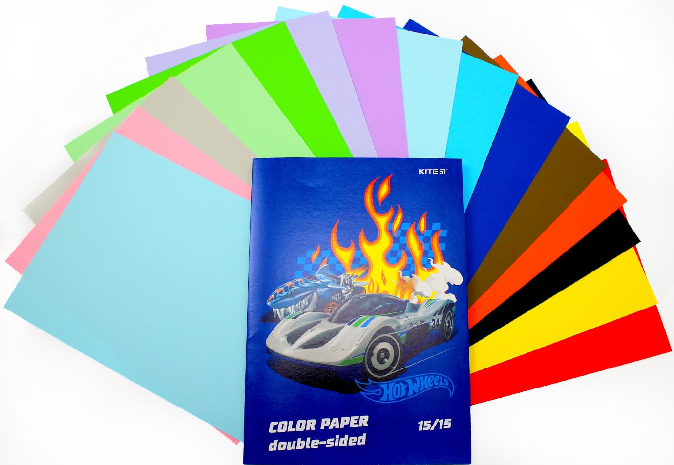 Бумага цветн. А4 двухстор. 15л./ 15цветн. Hot Wheels №HW24-250/Kite/(50)