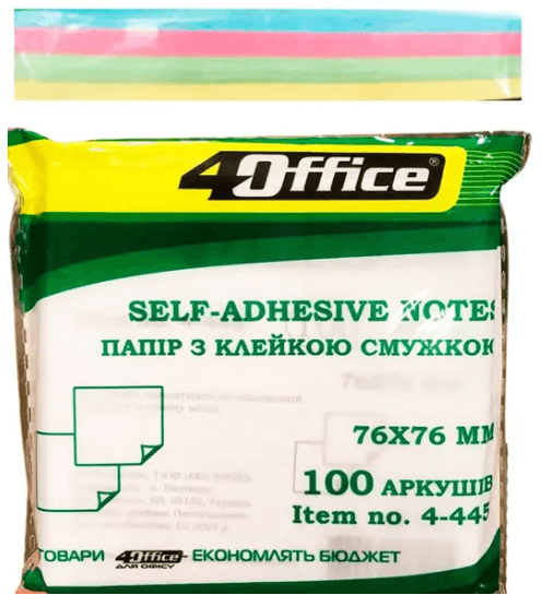 Блок/зам. липк. краєм 76х76мм 100арк.,неон. асорті "4Office" №4-423-21N/5422(12)