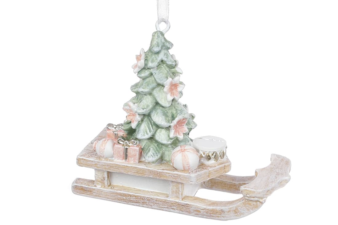 Фігурка-підвіска полістоун"Санки з ялинкою"7,5см,бежевий з м'ятним та рож.№K07-101/Bonadi/