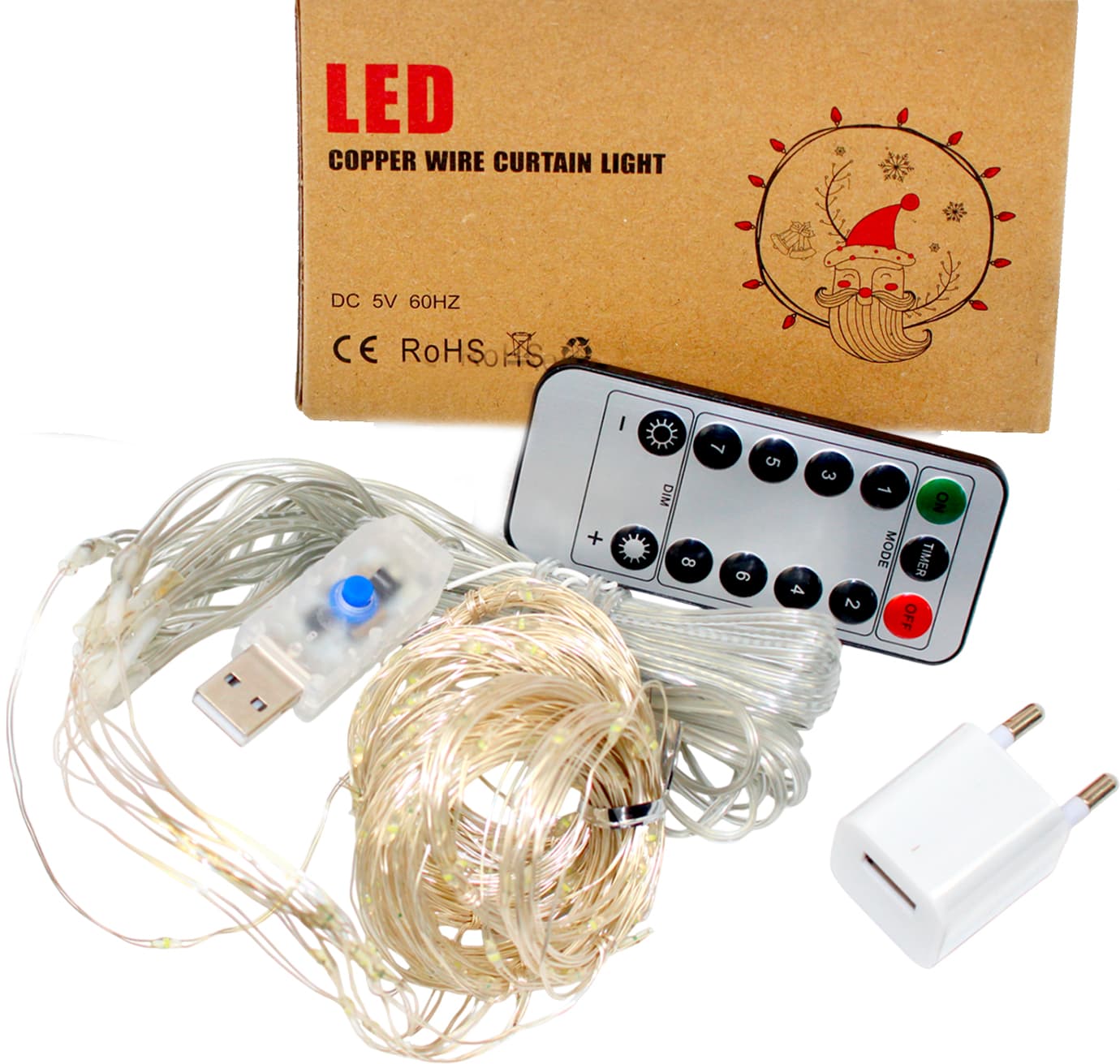 Гирлянда-штора электрич. Роса 200LED USB адаптер,пульт ДУ,10линий белый L-3м H-2м№1938-03u
