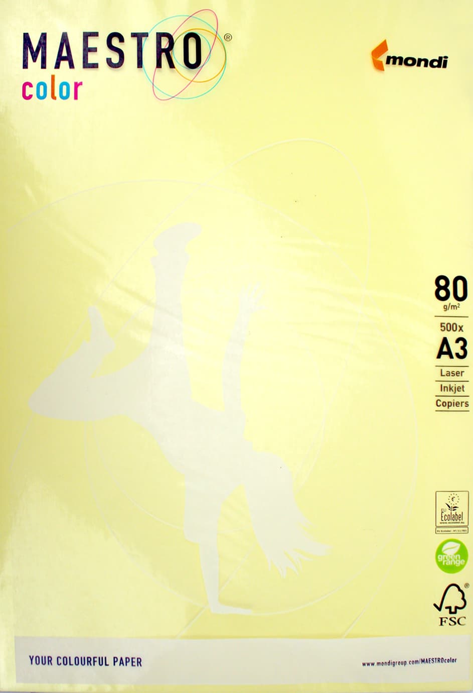 Бумага цветное А3 80 г/м пастель Maestro Color (Mondi) YE23 Yellow (желтый.) (500)