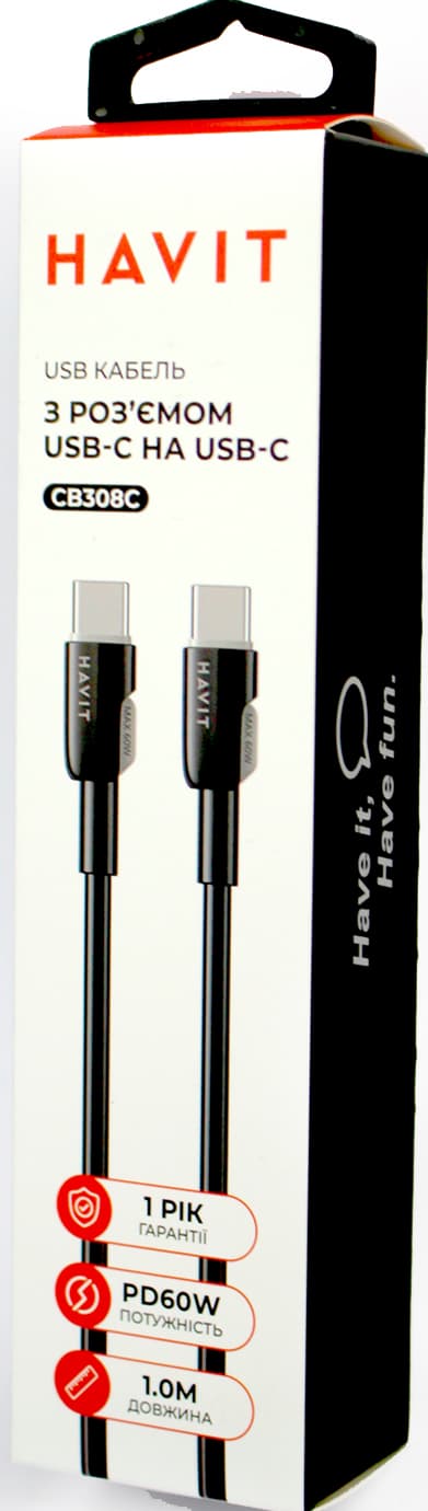 Кабель Type-C  > Type-C Havit HV-CB308C PD60W 3A 1м black