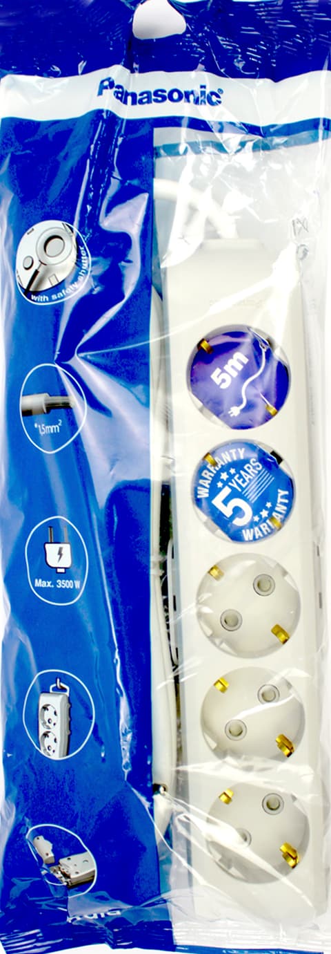 Подовжувач "Panasonic" 5гнізд 5м+зазем., захисні шторки 16A сірий №WLTB0455-2GR