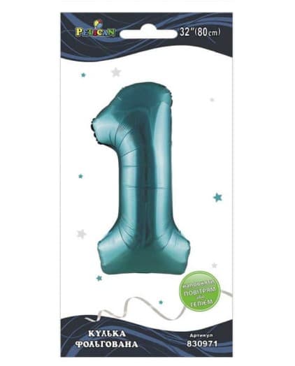 Кулька повітр. фольгована "Цифра 1" 80см тіффані №830971/Pelican/(1)(10)(5)(1000)