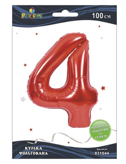 Кулька повітр. фольгована "Цифра 4" 100см червона №831044/Pelican/(1)(5)(20)(500)