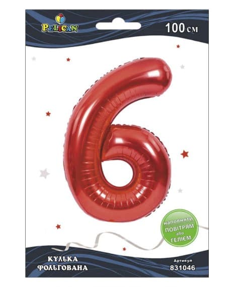 Кулька повітр. фольгована "Цифра 6" 100см червона №831046/Pelican/(1)(5)(20)(500)