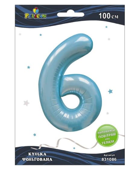 Кулька повітр. фольгована "Цифра 6" 100см блакитна Baby blue №831086/Pelican/(1)(5)(20)(500)