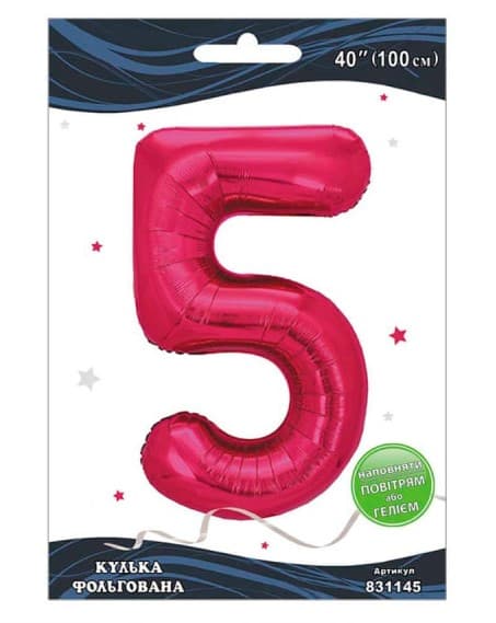 Кулька повітр. фольгована "Цифра 5" 100см фуксія №831145/Pelican/(1)(5)(20)(500)