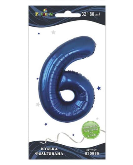 Кулька повітр. фольгована "Цифра 6" 80см індиго №830986/Pelican/(1)(10)(5)(1000)