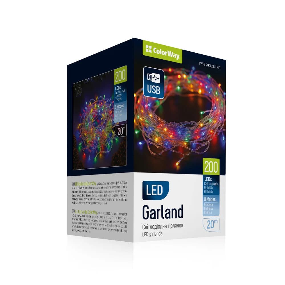 Гірлянда електрич. ColorWay 200LED 8режимів L-20м кольорова,(прозорий кабель) USB