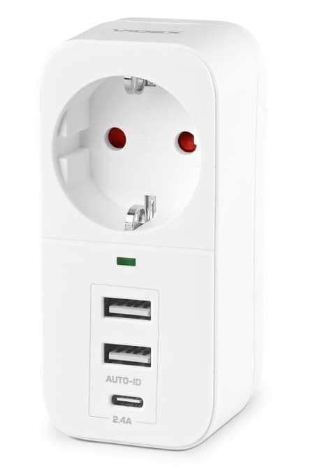 Мережевий адаптер "Videx" Oncord 1гніздо+зазем. 2USB+ Type-C 2,4А white №VF-AD1G2U1C-W
