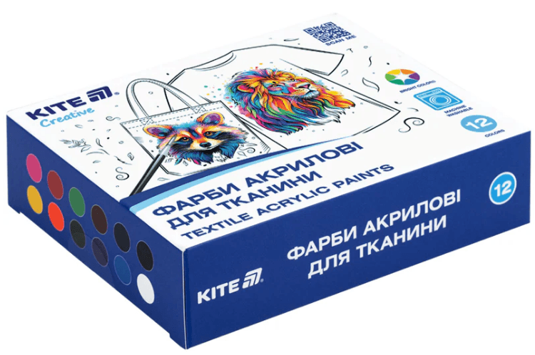 Набір акрил. фарб 12х20мл "Kite" Creative для тканини №K-276