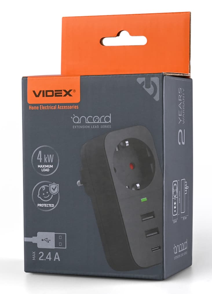 Мережевий адаптер "Videx" Oncord 1гніздо+зазем. 2USB+ Type-C 2,4А black №VF-AD1G2U1C-B