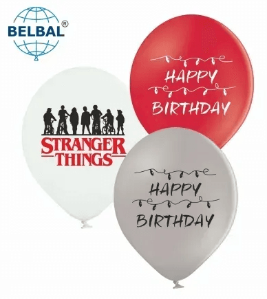 Кулька повітр. латексна 12"/30см "Happy Birthday",Stranger Things червоний,сірий,білий"