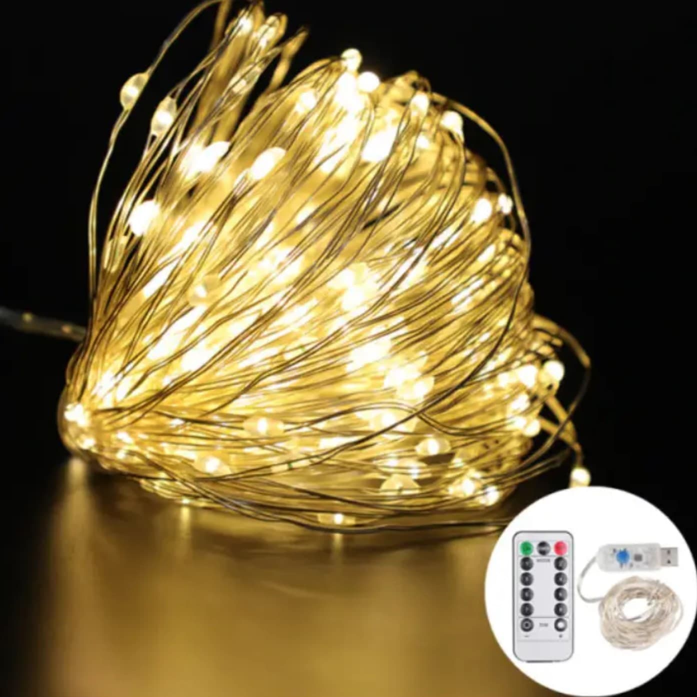 Гирлянда Роса-мишура 500LED 8режимов+пульт ДУ +USB белый тёплый,прозрач.проводL-10м№1966-97