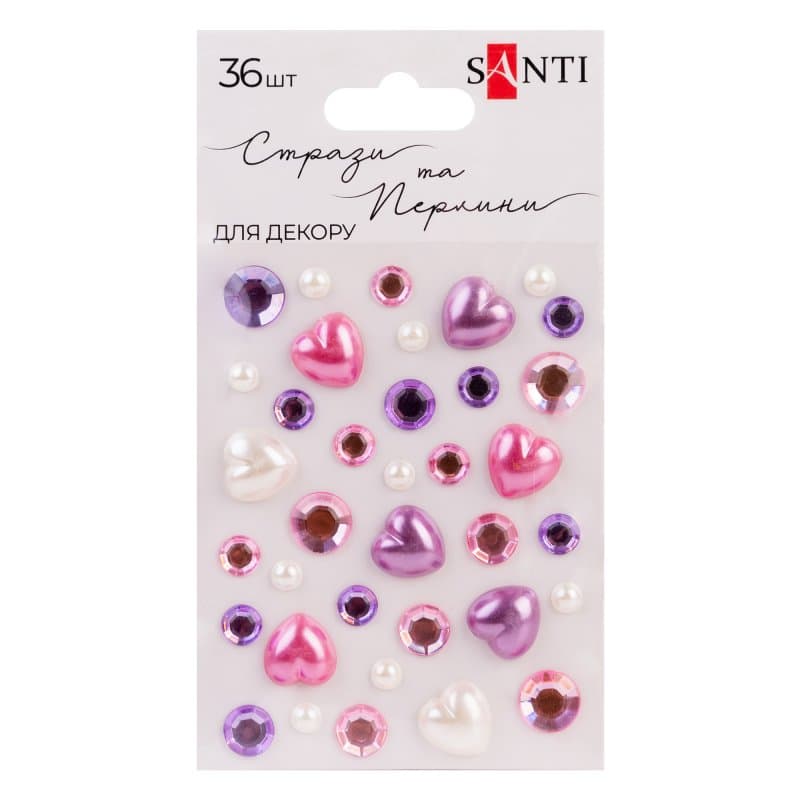 Стразы и жемчужины самокл. "Santi" "Heart mix" розовые,сиреневые, 36шт №743000(12)