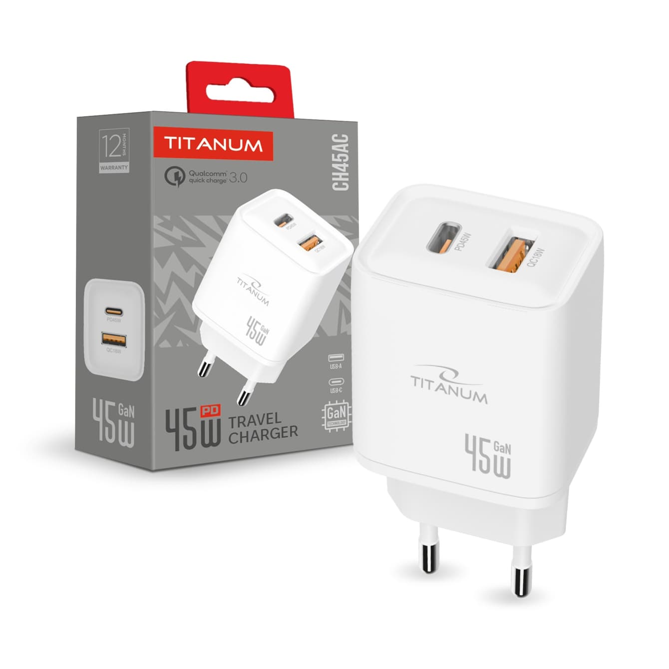 Зарядний пристрій Titanium №CH45AC GaN 45W USB-A+USB-C white