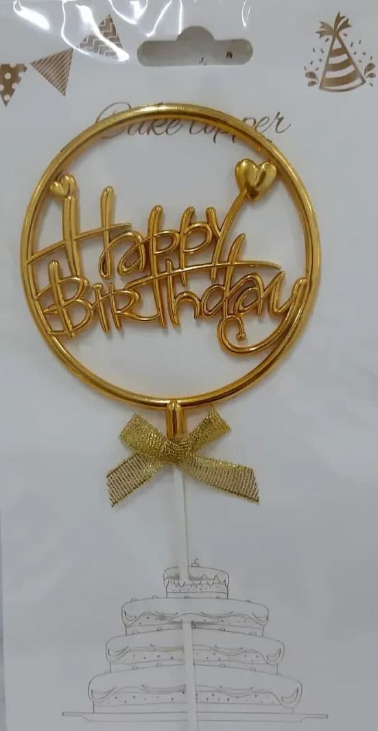 Топер для торта "Happy Birthday" золото в колі з серцем №16527(12)