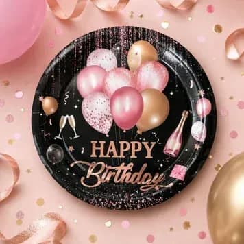 Тарілка паперова, d-230мм Happy Birthday рожеве золото на чорному №17075(10)