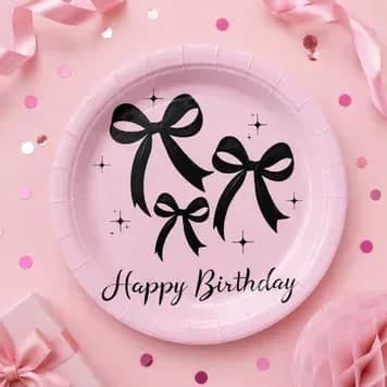 Тарілка паперова, d-230мм Happy Birthday чорні бантики на рожевому №17071(10)