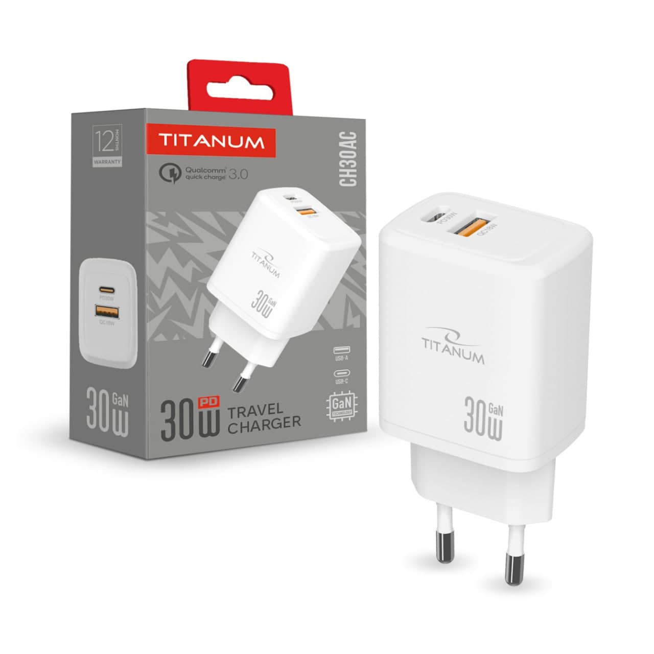 Зарядний пристрій Titanum CH30AC GaN 30W USB-A+USB-C white