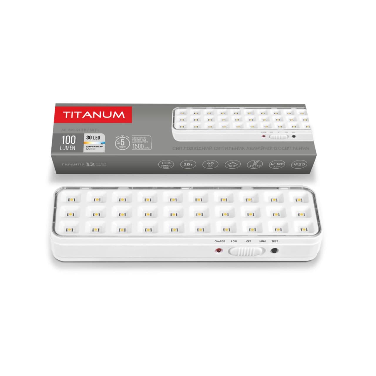 Ліхтар аварійний "Titanum" 6500K 30Led 2W 50Lm 220V №TL-EM1106LED