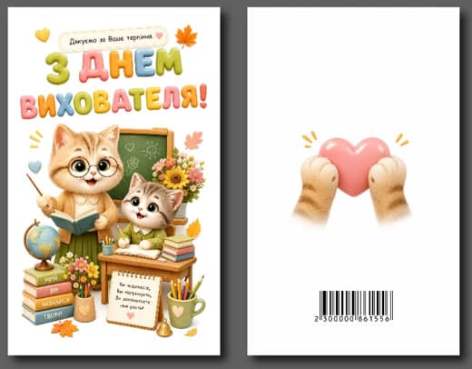 Листівка З Днем вихователя "Котик" 95х150