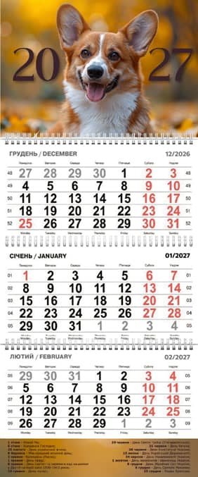 Календар кварт. настін. "Коргі" 2027, 3 пружини