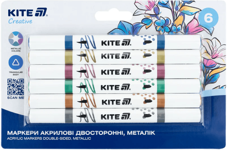 Набір маркерів акрил. двостор. "Kite" Creative №K-1294 6шт мталік