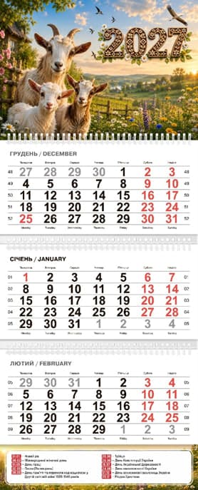 Календар кварт. настін. "Кози" 2027, 3 пружини