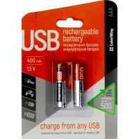 Акумулятори ColorWay AAA micro USB (1.5B, 400 mAh) Li-Polymer блістер 2 шт