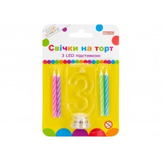 Набор свечей в торт 4 шт с LED светятся Цифра-3 (12) MX701007-3