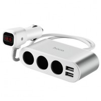 Зарядний пристрій автомобільний Hoco 3 порти прикурювача, дисплей 2USB 2.1A silver Z13