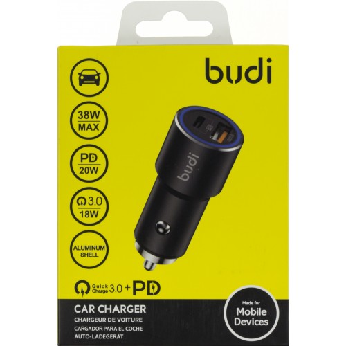 Зарядний пристрій авто Budi CC628TQB швидка зарядка 1USB+Type-C 38W black/Breidon/