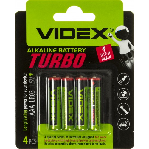 Батарейки Videx Turbo LR-03/блістер 4шт (10)(180)